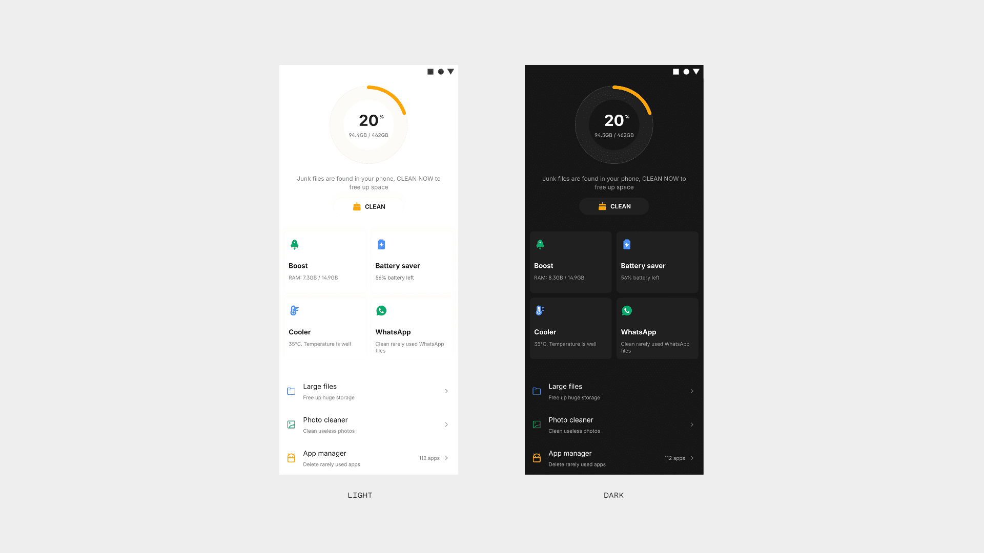 Cleaner home screen in light and dark themes
