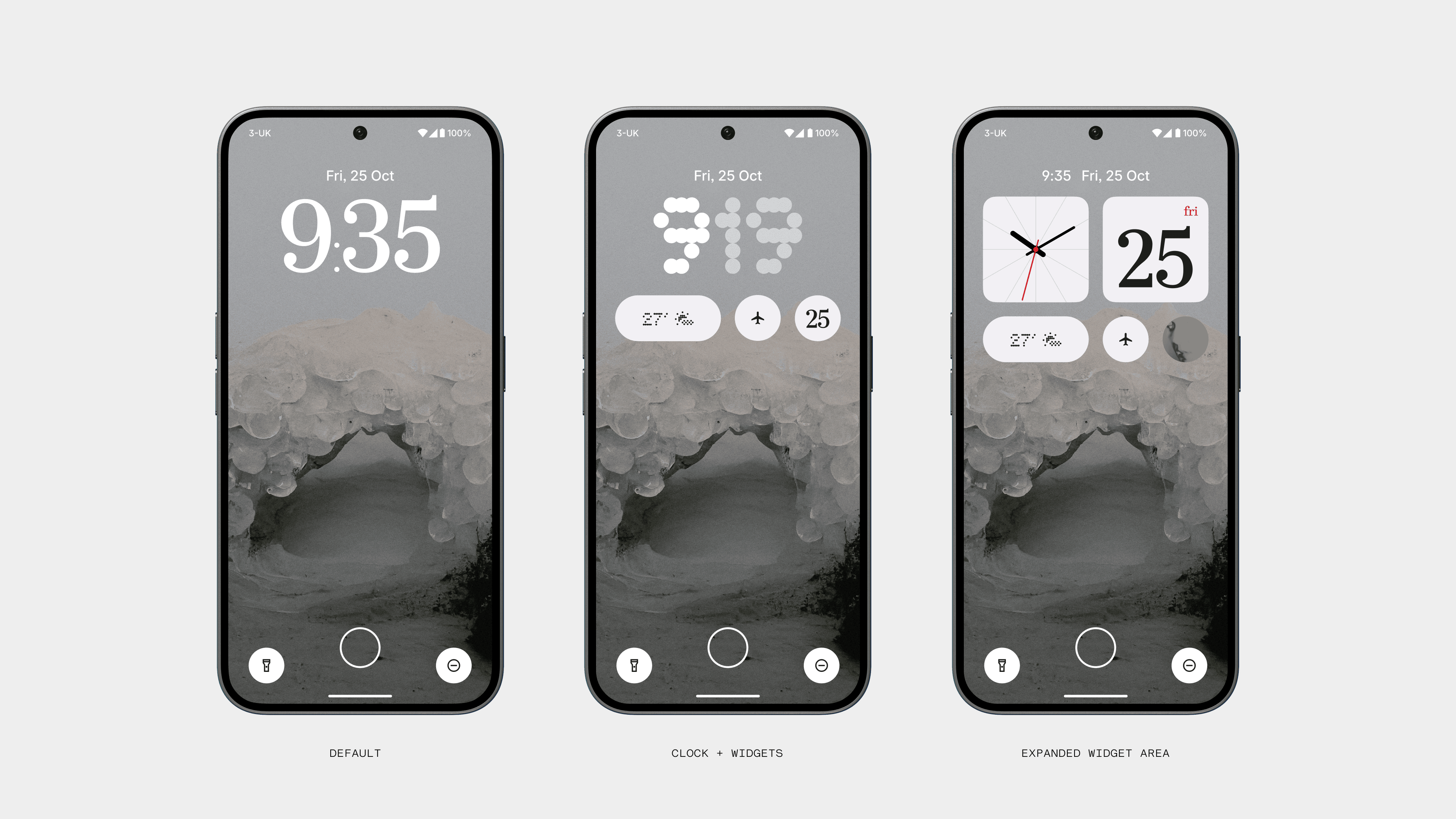Nothing OS Lock Screen layouts with clocks, widgets and shortcuts